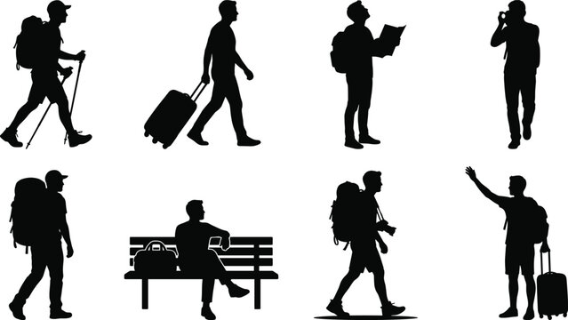 Silhouette vector collection of male tourists backpackers and travelers with luggage for vacation designs