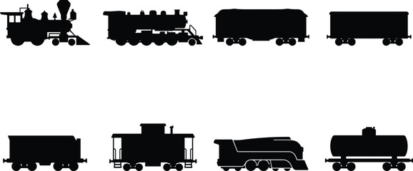 Vintage Steam Train Silhouette Collection with Freight Wagons and Railway Car Vector Set © Sadhin Artlance