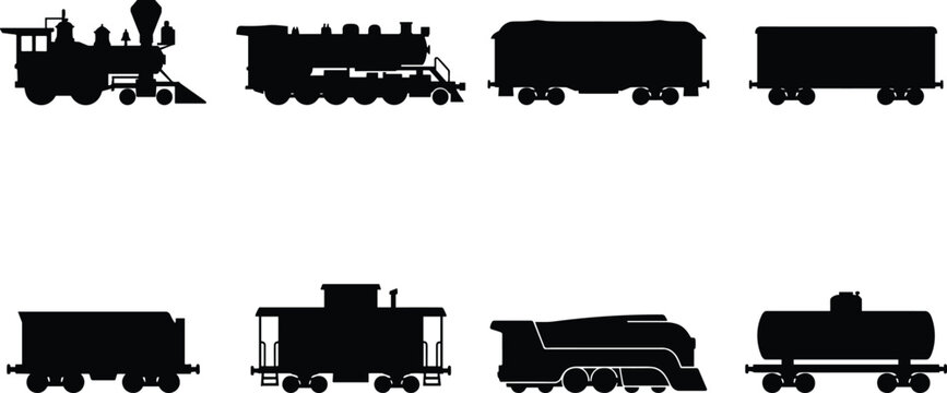Vintage Steam Train Silhouette Collection with Freight Wagons and Railway Car Vector Set