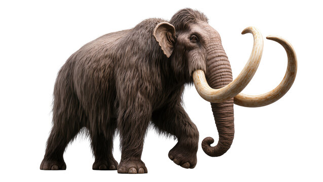 Isolated prehistoric woolly mammoth walking with large curved tusks, an ancient ice age elephant