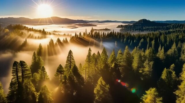 Radiant aerial sweep above redwood canopy with golden rays scattering across huge trunks