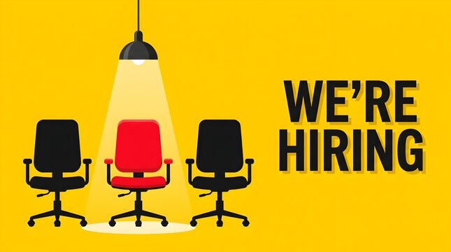 One red office chair stands under a spotlight among black chairs to indicate an open job position on a bright yellow background for recruiting talent
