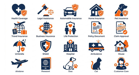 Premium Insurance Icon Set with Medical Car Home Travel Pet and Legal Protection Dual Color Flat Vector © Md Suvo
