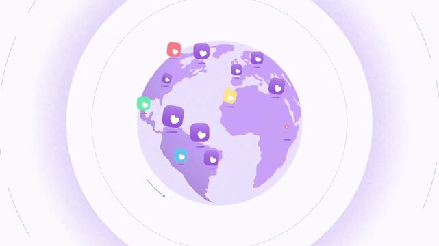 2D animated rotating earth globe with user profiles connecting worldwide for global networking, international trade, and social media apps