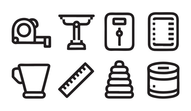 Outline measuring tools icon set featuring tape measure scale ruler and balance equipment.