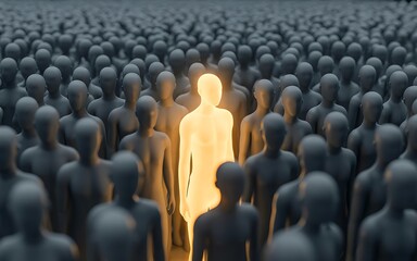 Obraz premium Glowing Unique Human Figure Standing Apart Dark Anonymous Crowd Photo
