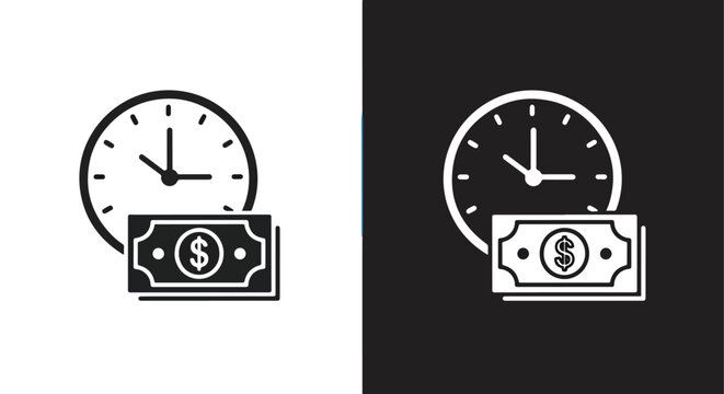 Vector clock and money icons with time and finance concept - Minimalist, flat icon, outline, glyph, linear, clipart, sticker - icon set