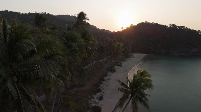 Low aerial drone shot skimming the palm tree tops along Wai Chek Beach in Koh Chang, featuring a beautiful sunrise and silouetted coastline