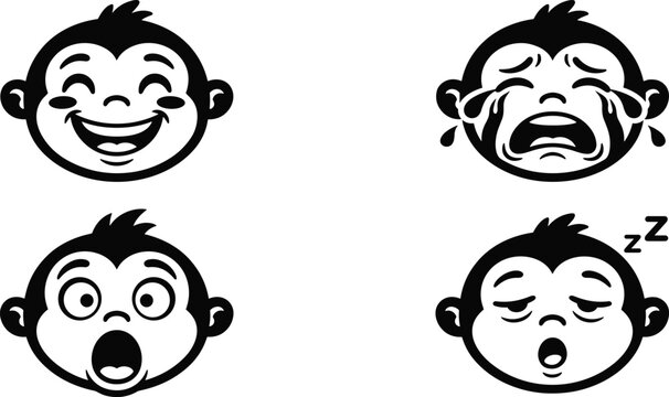 monkey, chimp, face, expression, emotion, vector, character, cartoon, avatar, icon, set, collection, animal, happy, sad, shocked, sleepy, black, white, illustration