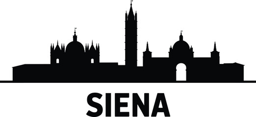 Obraz premium Siena skyline silhouette featuring the iconic cathedral dome and torre del mangia landmark buildings with bold city name lettering and Italy and duomo