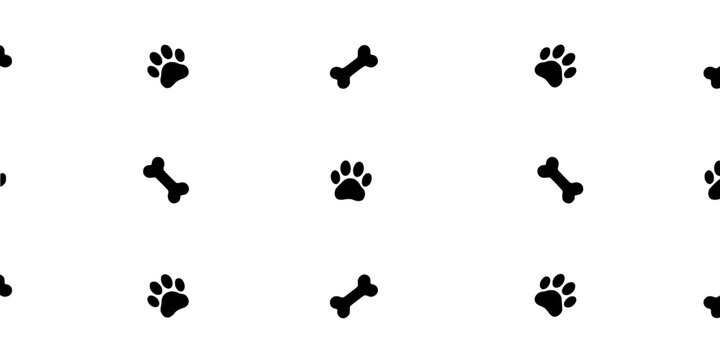 Dog Paw Prints and Bones Form a Playful Pattern on a White Background Featuring Pet, Animal, Canine with Bone and Black Elements