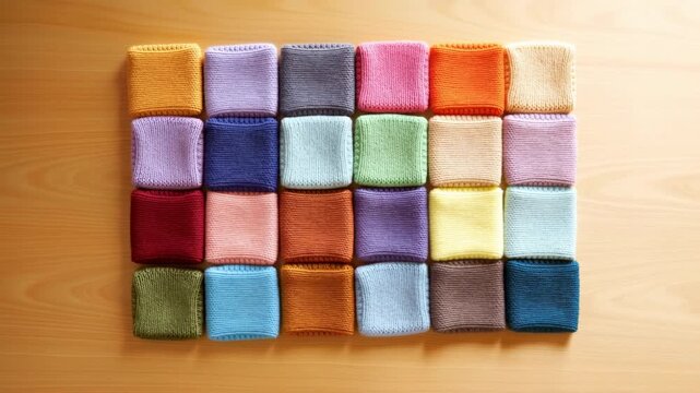 Overhead grid of folded knitted fabric swatches arranged in 5x5 formation on light wood surface with soft diffuse lighting highlighting yarn texture and color palette