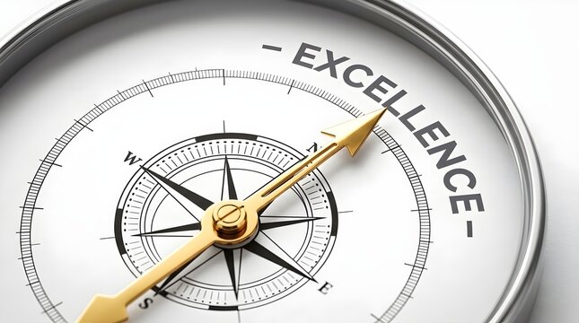 A gold compass needle pointing towards excellence, standing on a clean white background represents growth, success, achievement, and business direction