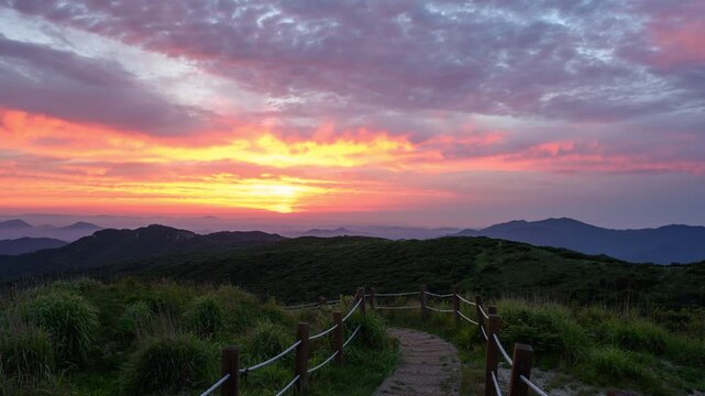 Mountain Trail at Sunrise with Colorful Sky Zoom Out Timelapse