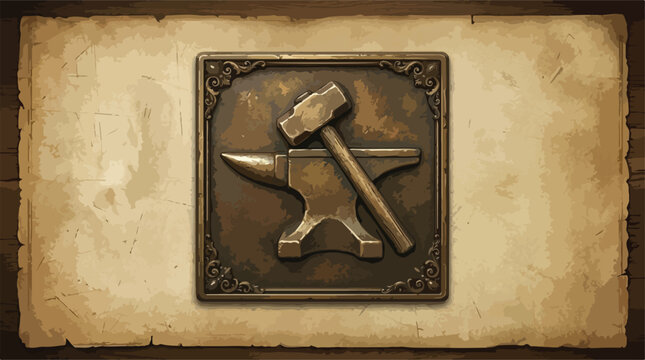 Vintage blacksmith anvil and hammer icon, bronze metal forge emblem on aged parchment paper, medieval fantasy craft vector illustration