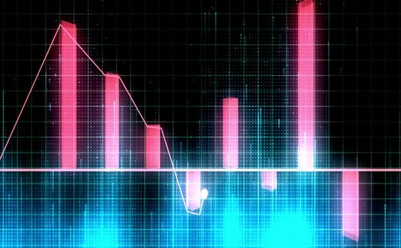 Animation of bar graphs moving over palm trees and modern skyscrapers in city