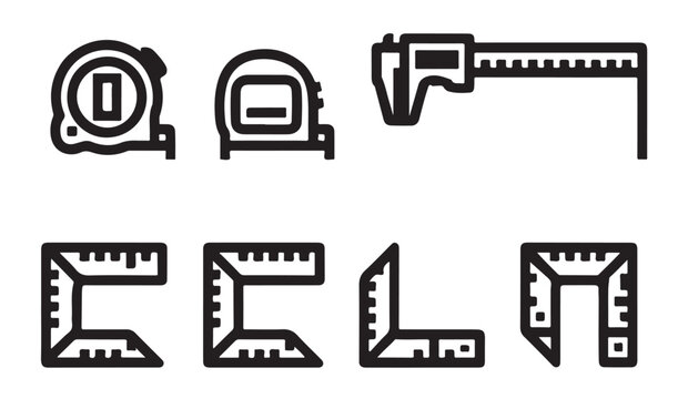 Construction measurement tool icon set with tape measure calipers and framing square items.