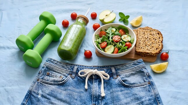 Healthy lifestyle still life with fitness and food