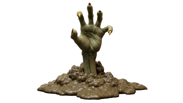 Isolated spooky green zombie hand with sharp yellow nails reaching out from muddy ooze