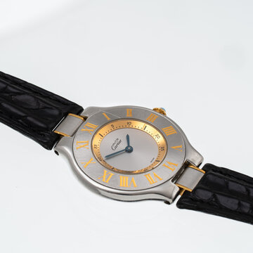 Cartier quartz watch, Must 21 model, reference 1330, steel case with silver dial and leather strap. Italy, March 11, 2026
