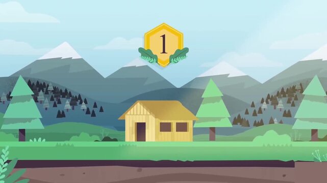 2D animated first place golden trophy ribbon popping over a house landscape for real estate achievement, housing goal, and property success