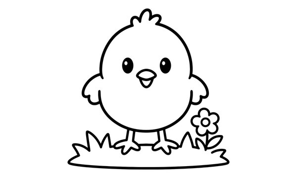 Adorable cartoon chick with a flower on a grassy patch black and white line art illustration