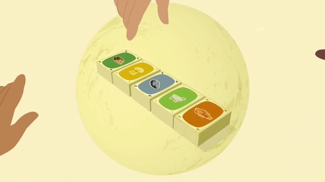 2D animated hands arranging wooden resource blocks on a table for strategy board game tutorial, interactive apps, and gamification ads
