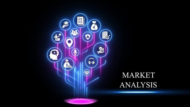 Market analysis digital concept with neon glowing business and data visualization tree business strategy