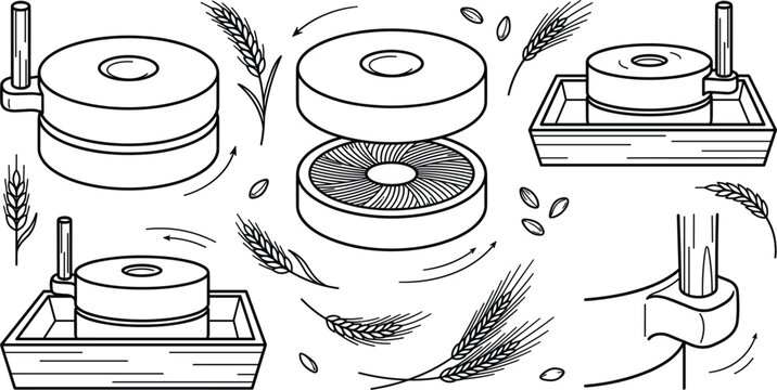 Traditional Quern Stone Hand Mill Line Art Vector Set Featuring Ancient Millstones, Wheat Grains, and Flour Grinding Equipment for Organic Agriculture Designs