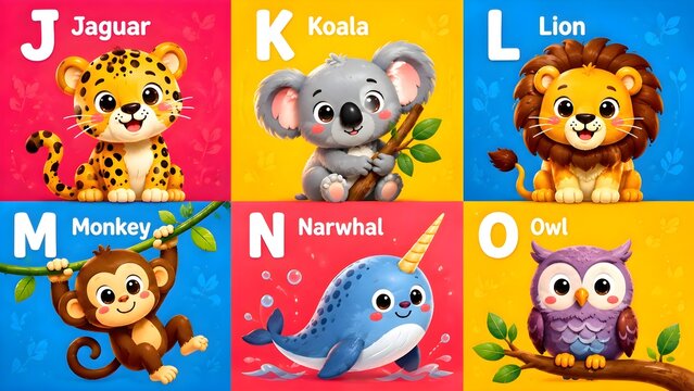 colorful 3d alphabet poster for kids early education featuring cute koala and narwhal characters