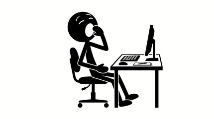 Fototapeta premium Stick figure sitting at desk frustrated.