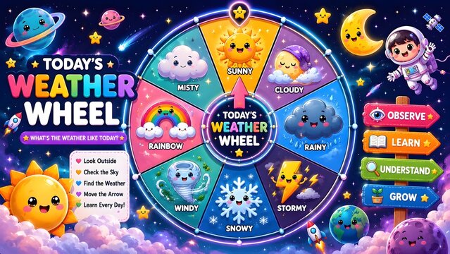 cute space galaxy themed weather wheel chart for kids daily classroom tracking and science education