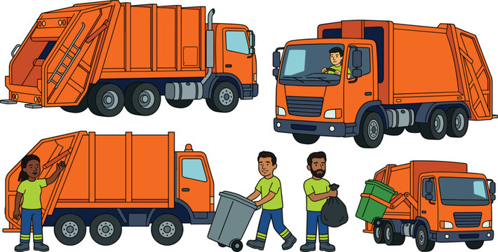 Orange Garbage Truck and Sanitation Worker Cartoon Character Set with Municipal Waste Management Vehicles and Recycling Personnel for City Logistics Designs