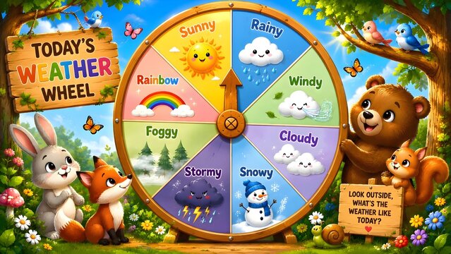 rustic wooden weather wheel chart for kids science education with nature background and climate icons
