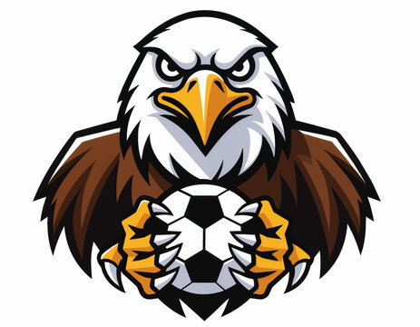 Fierce bald eagle mascot clutching a soccer ball in its talons