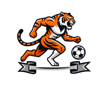 Fierce tiger soccer mascot running with ball above blank ribbon
