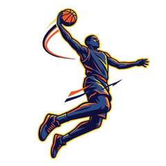 Vector art of a professional male basketball player leaping for a powerful slam dunk, featuring dynamic motion, athletic energy, and modern sports style. © primus