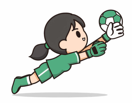Young girl soccer goalkeeper diving to save a green ball