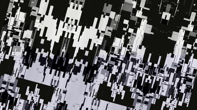 回転する幾何学的グリッチアート抽象背景。白と黒の高密度ピクセルブロック、ダイナミックな回転運動のデジタルノイズパターン。