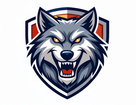 Fierce wolf head mascot with shield for sports team branding
