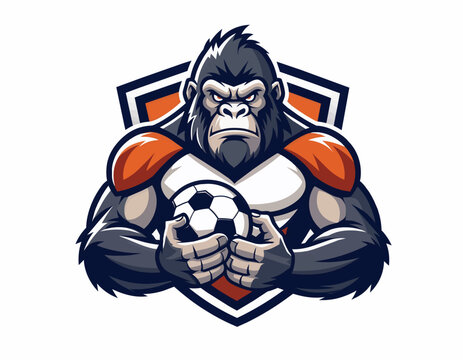 Gorilla mascot holding a soccer ball in front of a sports shield