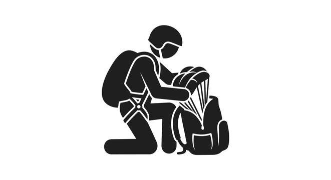Black silhouette icon of a paratrooper packing a parachute.