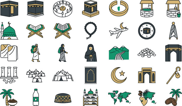 Islamic Hajj and Umrah Pilgrimage Icon Set with Kaaba, Mosque, Quran, Ihram Clothing, Zamzam Water, and Mecca Religious Ritual Line Symbols