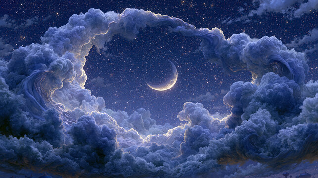 enchanted crescent moon with stars and clouds in magical night sky