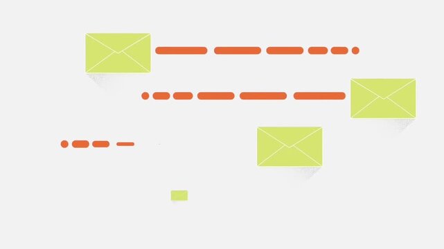 2D animated email layout with envelope icons and lines of code text for digital marketing, inbox newsletter notifications, and SaaS explainer