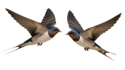 Obraz premium Isolated two elegant barn swallows in mid-air flight, wings spread and tails streaming.