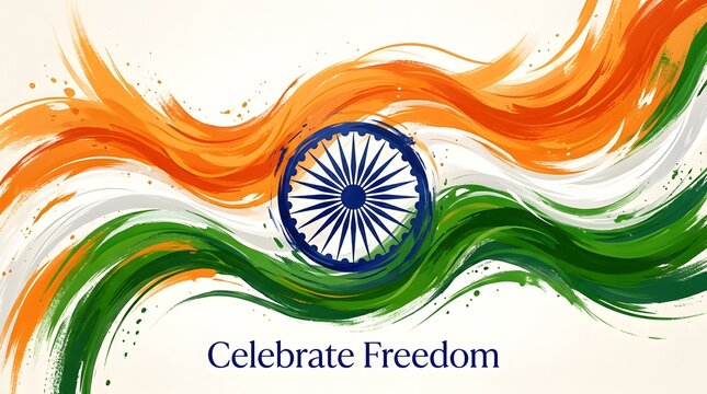 Vibrant Indian Flag Waving with Celebrate Freedom Text on Gradient Background