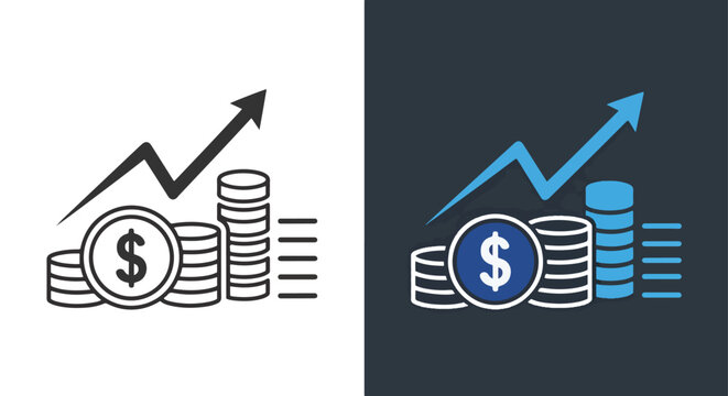 Vector financial growth icon set with dollar coins and upward arrow - Line and glyph solid icon and logo template - Clipart, sticker - icon set