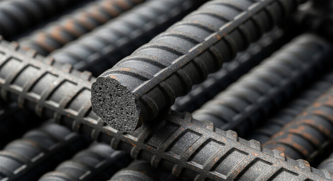 Industrial steel rebar close up, ribbed metal reinforcement bars for construction, heavy duty iron rods for concrete building foundations