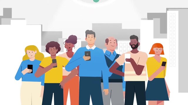 2D animated diverse crowd of people holding mobile smartphones in a city background for consumer apps, mobile networks, and fintech videos